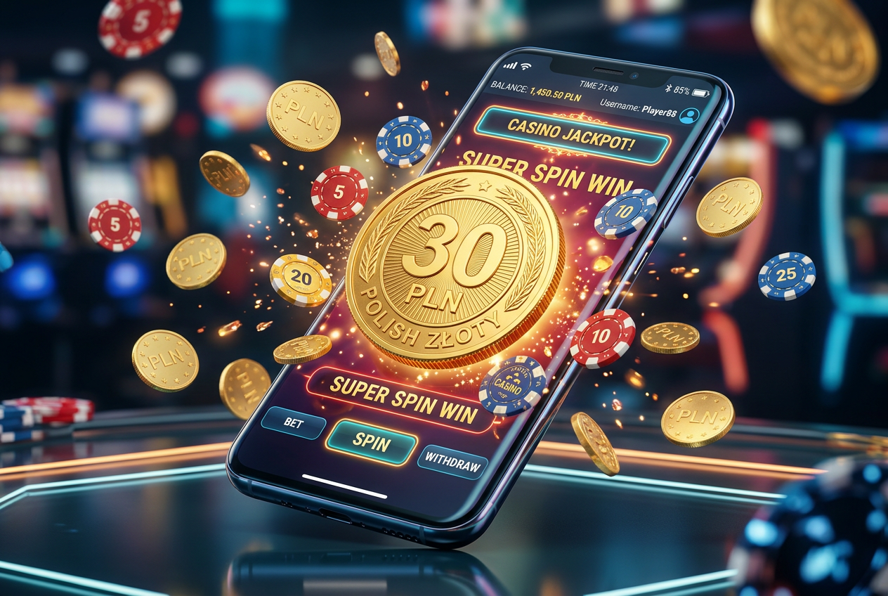 Smartfon z nowoczesnym interfejsem kasyna i złotą monetą 30 PLN
