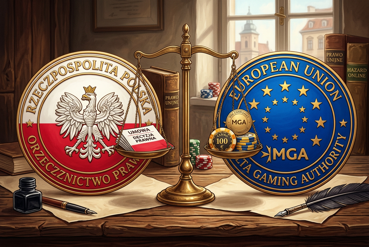 Ilustracja porównująca licencje hazardowe z symbolami bezpieczeństwa i flagami