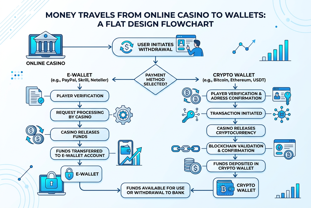 Infografika przedstawiająca proces szybkich wypłat z kasyna do portfela e-wallet