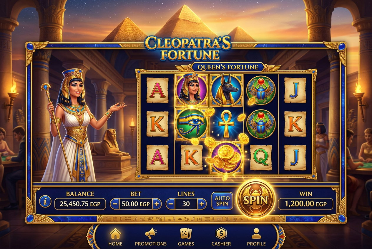 Ancient Egyptian theme in Cleobetra casino mobile view with golden pyramids