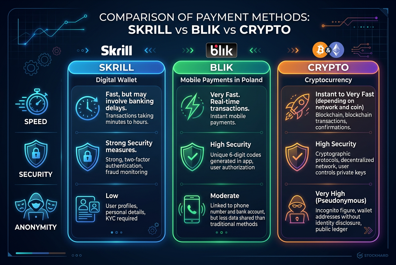 Infografika porównująca metody płatności: Skrill, BLIK i Kryptowaluty w kontekście kasyn online