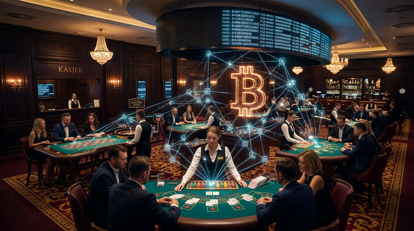 Luksusowe wnętrze kasyna z cyfrowymi elementami sieci blockchain i symbolem Bitcoin.