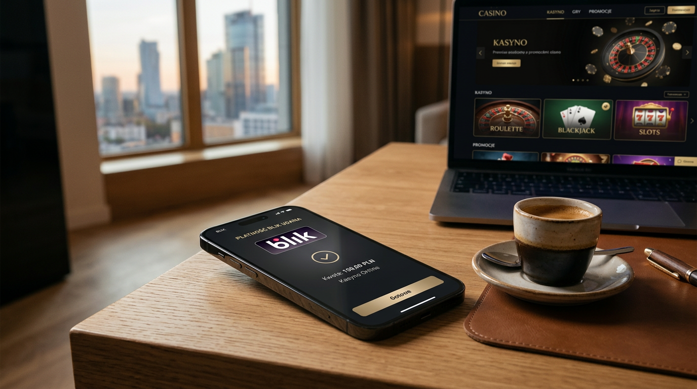 Nowoczesny smartfon z logo BLIK na tle eleganckiego kasyna online