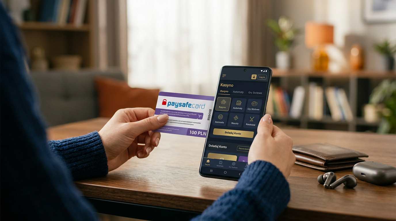 Karta Paysafecard obok smartfona z aplikacją kasyna online.