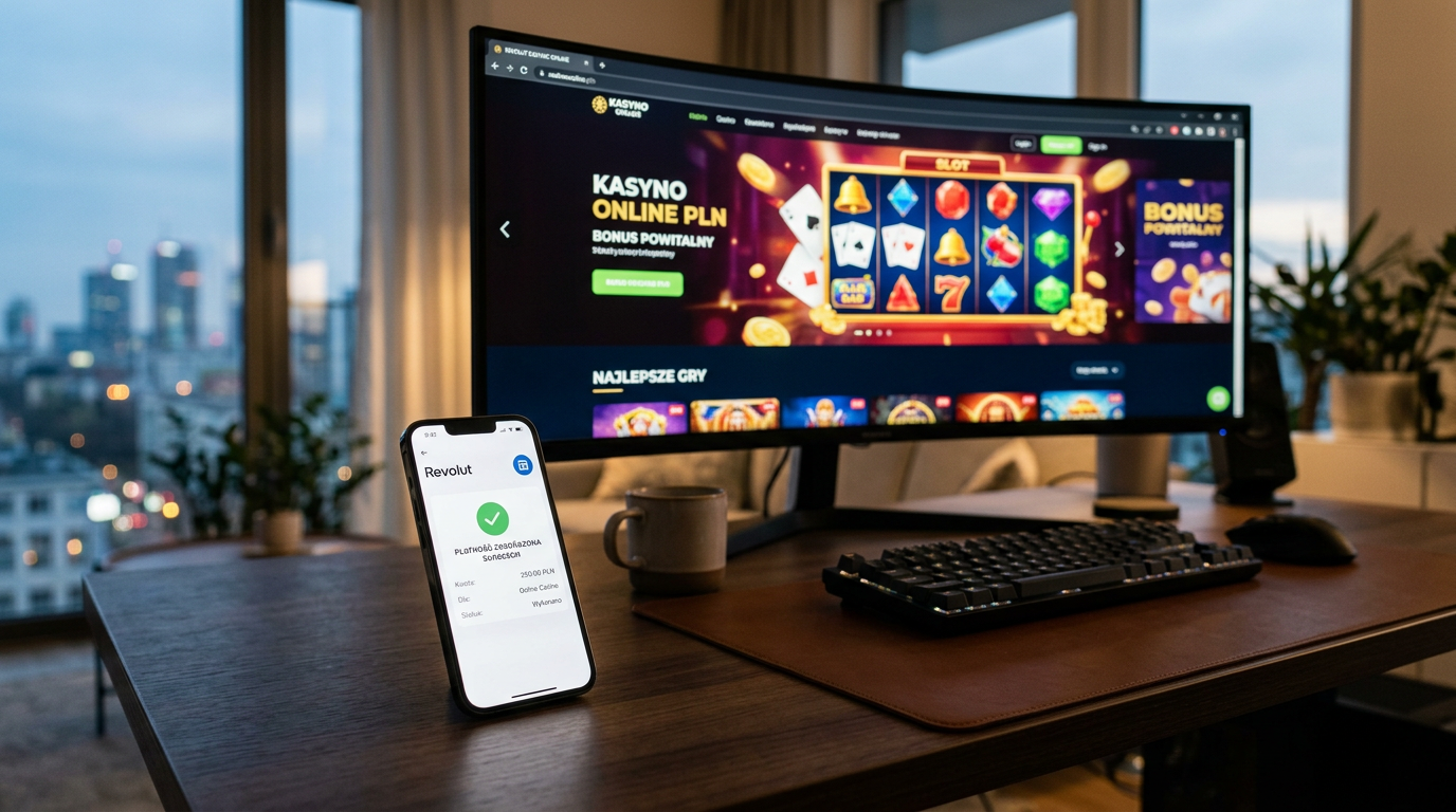 Nowoczesny telefon z aplikacją Revolut obok komputera z widocznym kasynem online