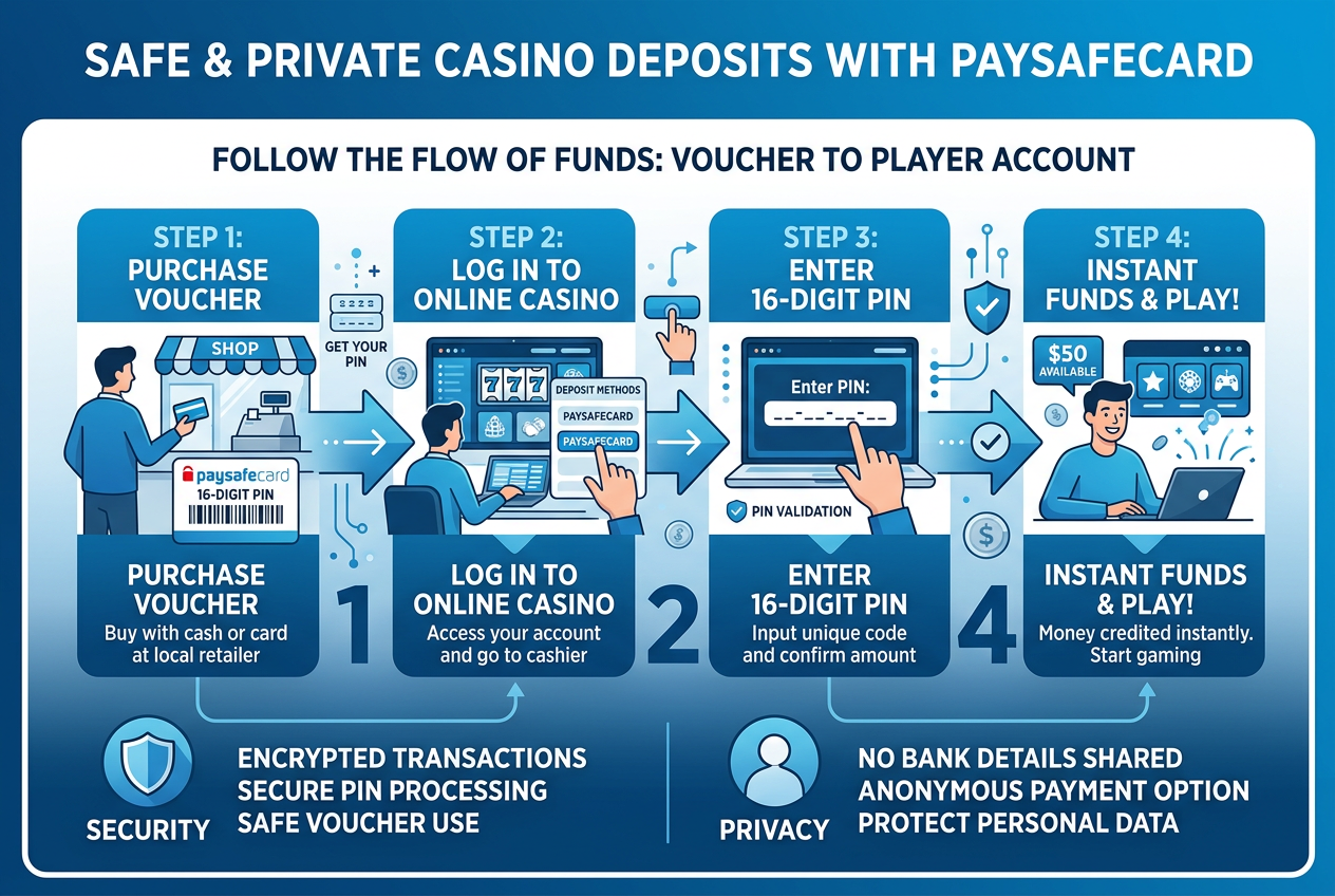 Infografika przedstawiająca mechanizm płatności Paysafecard w kasynie online
